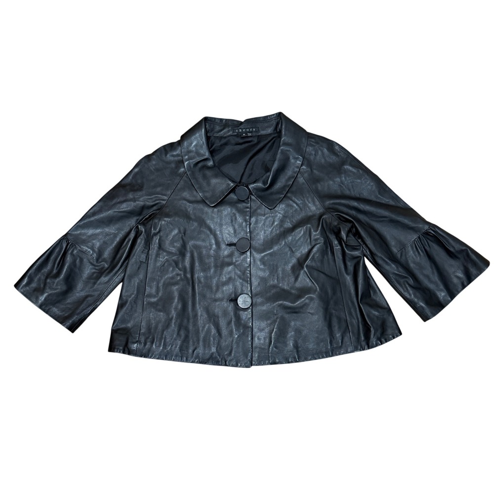 Theory Black Leather Koster Jacket Bell Sleeve Button Front Blazer Medium M